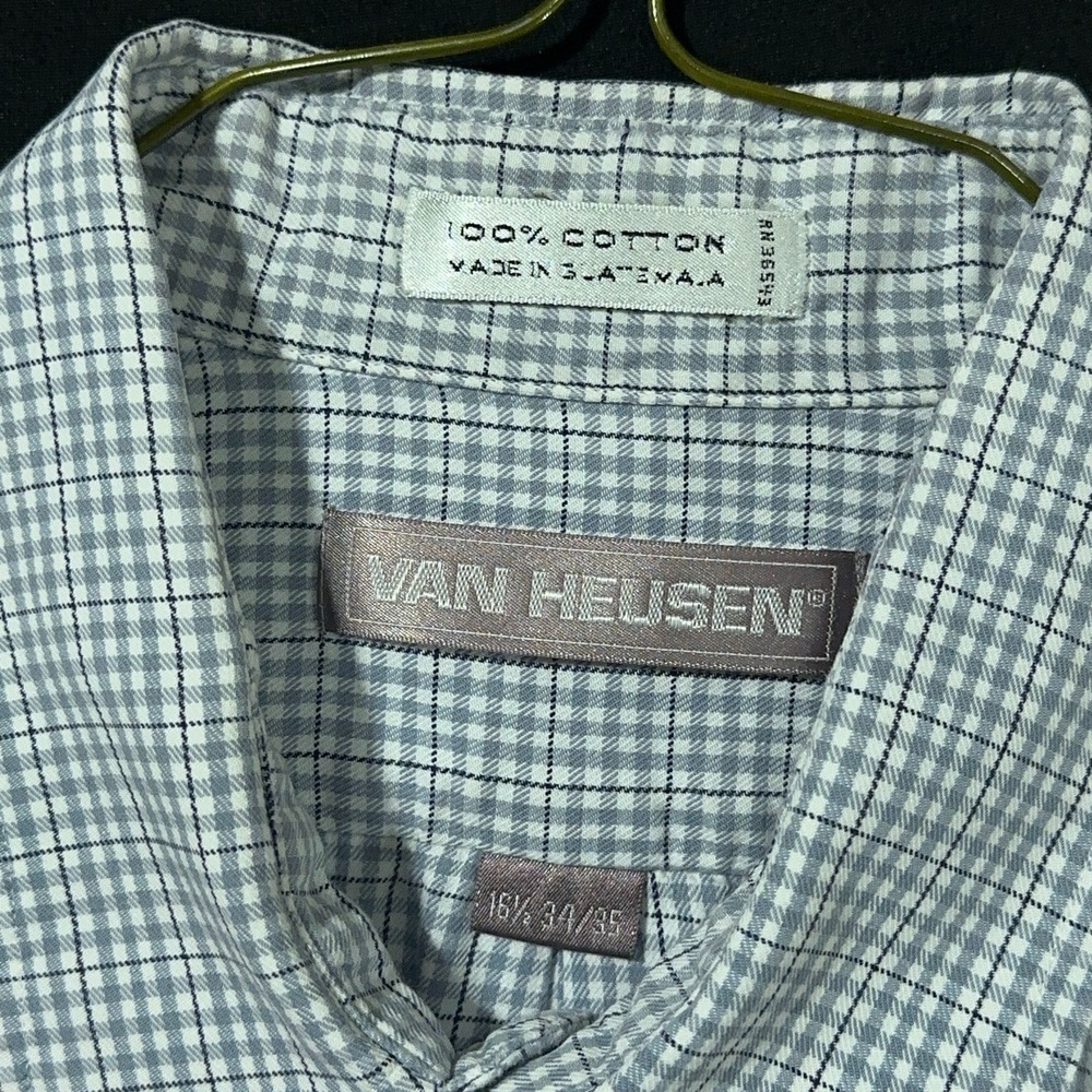 Vtg 90s Van Heusen Men's 16.5 34/35 Gray Check Plaid Long Sleeve Button Up Shirt
